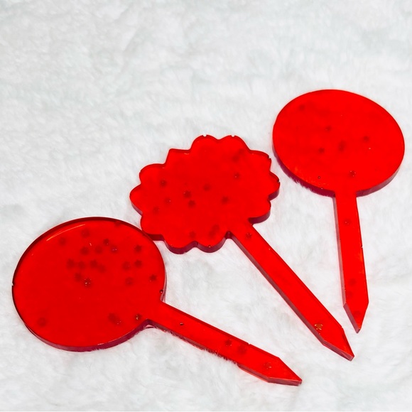 Set of 3 Red Glitter Plant Markers Hand Crafted Resin Gift Set Cake Toppers - Picture 3 of 7